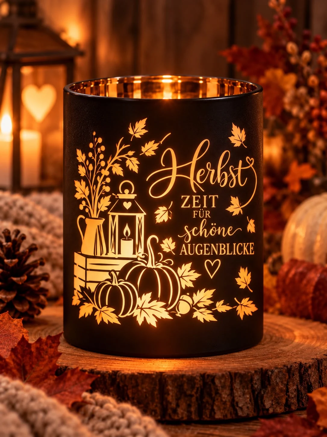 Schwarzes Windlicht mit leuchtender herbstlicher Lasergravur